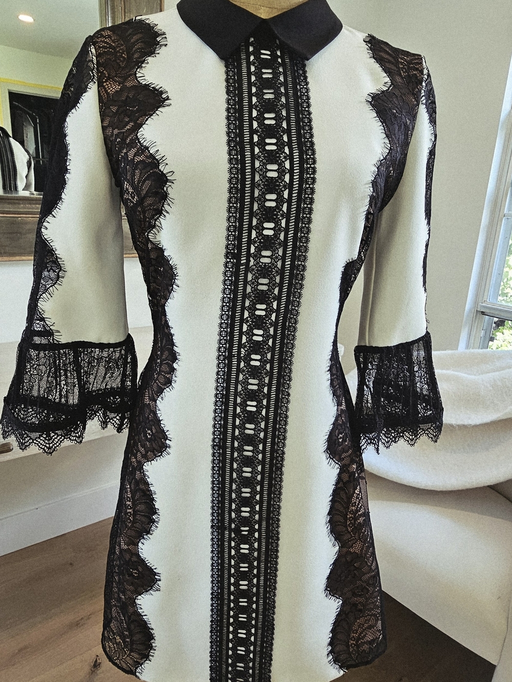Self-Portrait Women's Cream Dress with Black Lace Trim - Elegant Collared Sheer